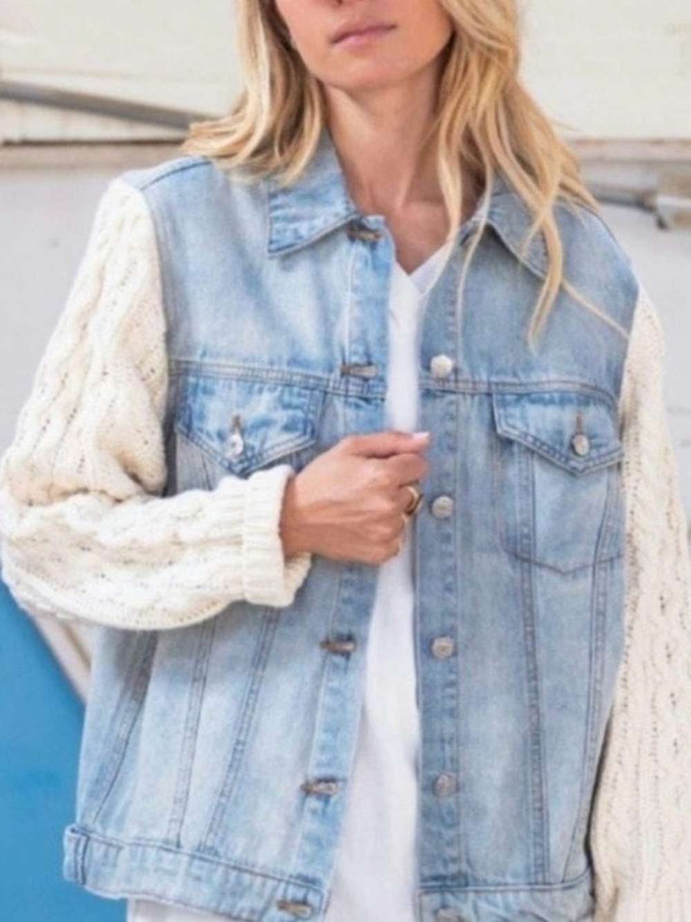 POL Light Wash Denim Jacket with Cream Knit Sleeves